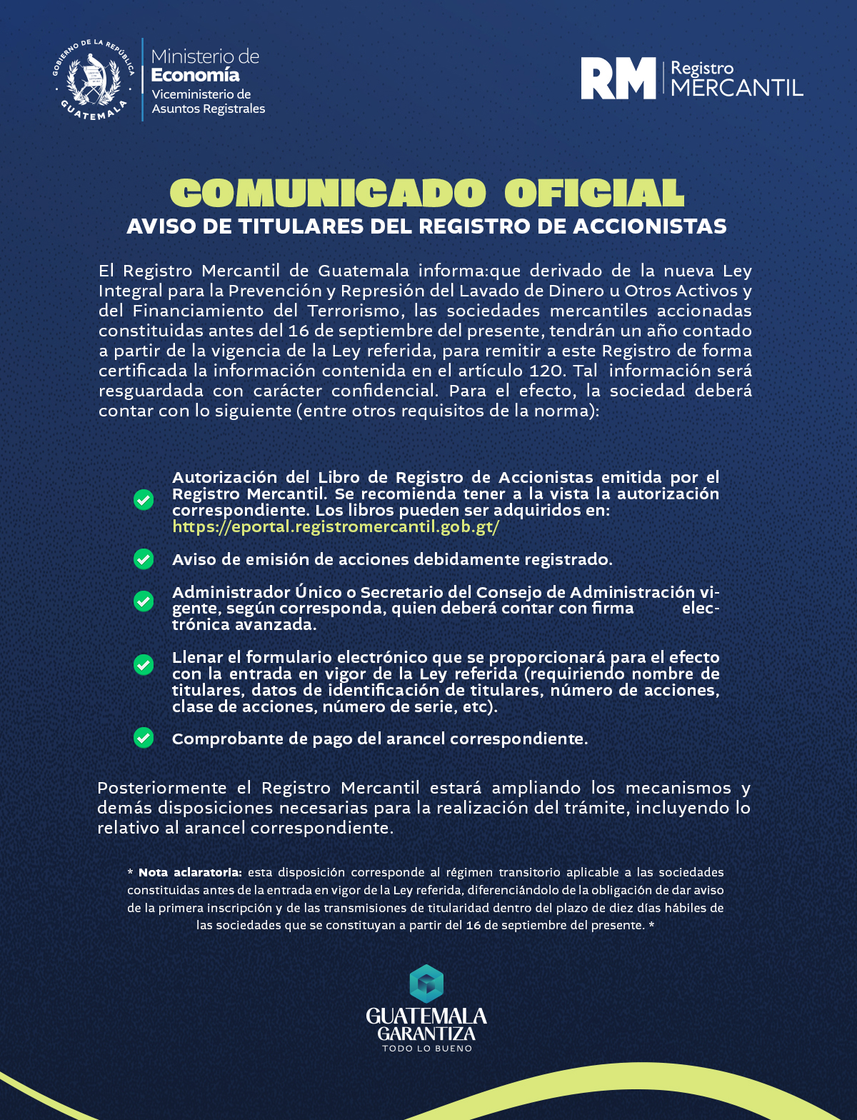 Aviso de Titulares del Registro de Accionistas